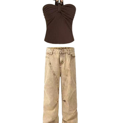 In-Stock Meng Zi Yi Style American Vintage Washed Women's Jeans 2025 Spring Hot Girl Ruched Design Floor-Length Pants