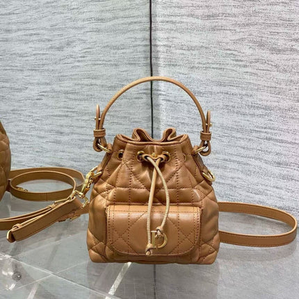 D's Caro Bucket Bag Micro Lambskin Fortune Bucket Rattan Pattern Soft Genuine Leather Women's Bag Fashionable Women's School Bag