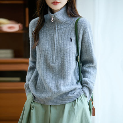 Autumn and Winter New Women's 100% Pure Wool Sweater Thickened Half-Zip Collar Cable Embroidered Horse Knit Sweater Base Layer