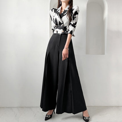 Foreign Trade Women's New Two-piece Set 2024 Spring Korean Style Slim-fit Printed Suit Jacket Tight Waist Fashionable Wide-leg Pants