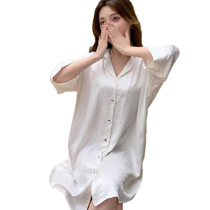 Summer New Style Ice Silk Nightgown for Women, High-End Jacquard Loose Shirt Dress, Long Pure Desire Internet Celebrity Loungewear