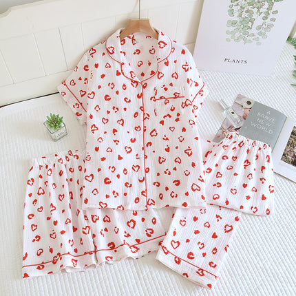 Various Style Spring and Summer Cotton Crepe Pajamas Sweet Three-Piece Short-Sleeved Trousers Spring and Autumn Loose Casual suit