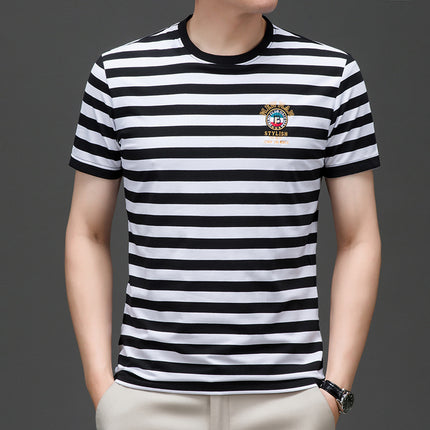 Mingdi Mouse Men's Summer New Short-sleeved Young and Middle-aged Crewneck T-shirt Business All-match Striped Men's T-shirt Top
