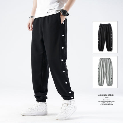 Buckle-breasted sports pants men's full-open button button loose toe autumn and winter fleece-lined pants side-open training basketball long pants