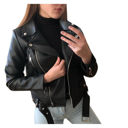 Foreign Trade 2025 New European and American Motorcycle Leather Jacket Spring and Autumn Women's Leather Jacket Women's Short Slim Leather Jacket Fashion Jacket