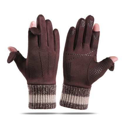 Warm Gloves for Autumn and Winter, Men's and Women's Models, Soft, Windproof, Cold-Proof, Non-Slip, Fingerless, Suede Full-Finger Cycling Gloves