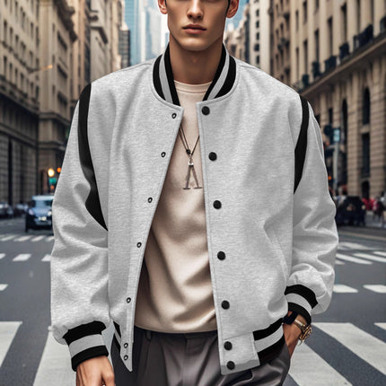 2025 Cross-Border Temu Popular European and American Men's Jacket Fashion Solid Color Brushed Fabric Cardigan Patchwork Button Baseball Jacket