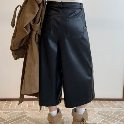 Black Pu Leather Cropped Pants Slimming Zipper Casual Matte Pocket Loose Straight Wide-Leg Floor-Length Pants