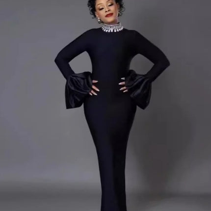 European and American Bandage dress Cross-border New Round Neck Nail Drill Horn Sleeve Temperament Waist Long Sleeve Women's Split Long Dress
