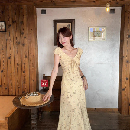 Designed Age-Reducing Floral Puff Sleeve Dress for Women Summer 2025 New Waist-Cinching Niche Korean A-Line Long Skirt