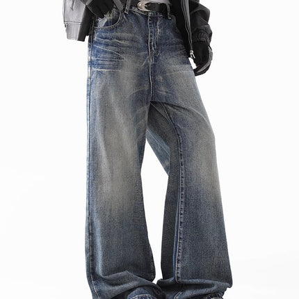 American Style Retro Old Washed Jeans Men's cleanfit Puppies Handsome Lightning Pattern Micro Straight Tube High Street Pants