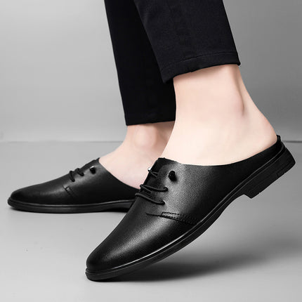 Half Slippers Men's Genuine Leather Large Size 47 Cowhide Slip-On Soft Sole Office Leather Slippers Breathable New Lazy Sandals