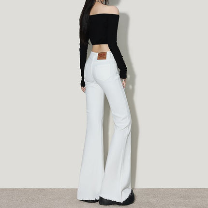 Off-White American Hot Girl Bootcut Jeans for Women 2025 Summer New High-Waist Slimming Look Horseshoe Pants Raw Edge Pants