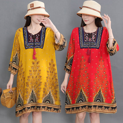 Extra Large Size Ethnic Style Round Neck Three-Quarter Sleeve Dress Loose Embroidered Flower Cotton Silk Travel Beach Skirt for Women