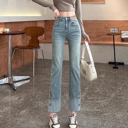 light blue Narrow Smoke Tube Jeans Women's Fashionable All-match High Waist Meat Covering Slimming Flap Cropped Straight Pants