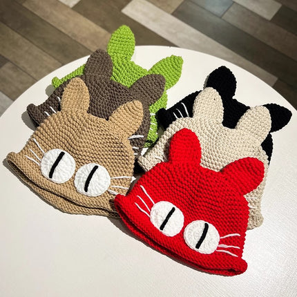 Hand-woven demon big-eyed cat funny wool hat children's green cartoon knitted head cap for men
