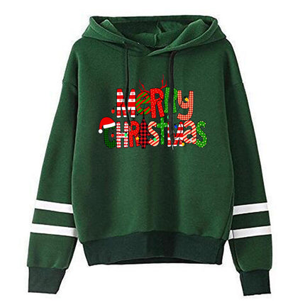 Christmas Merry Christmas printed parallel bars striped hooded hoodie European size plus size men's and women's cross-border