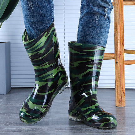 Camouflage rain boots men's high water boots fleece-lined mid-calf waterproof rain boots construction site kitchen rubber shoes short fishing water boots