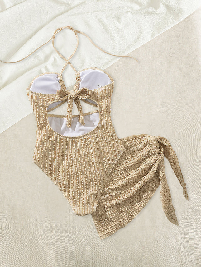 2025 New European and American Swimsuit One-Piece Two-Piece Set Cut Out Tube Top Halterneck Pure Color Cross-Border One-Piece Export Swimsuit
