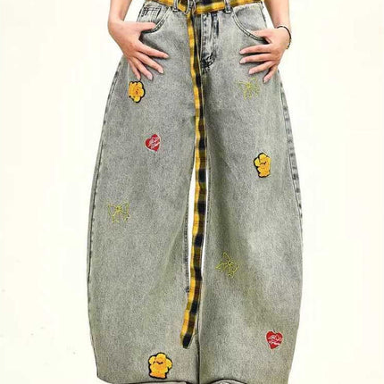Plaid Belt Cartoon Embroidery Design Jeans for Women 2025 Summer New Loose Wide-Leg Floor-Length Pants
