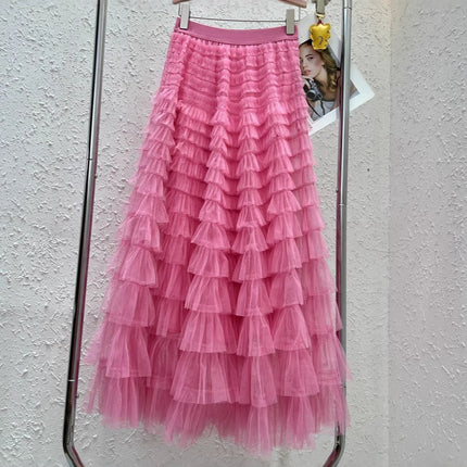 Sauze Skirt Women's Sweet Multi-Layer Cake Mesh Skirt light purple Elegant Elegant Elasticite Waist Princess A- Line Long Skirt