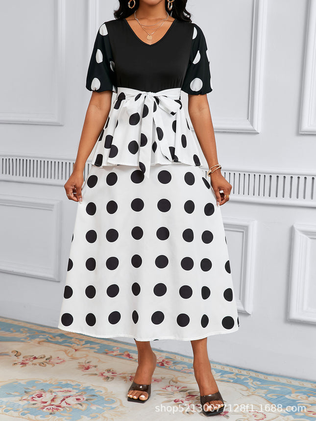 Cross-border Amazon Europe and the United States spring and summer popular fashion simple light cooked wind V collar short sleeve retro wave dress