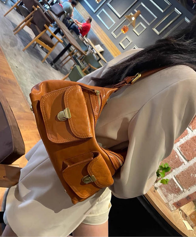 High-end Niche New Vegetable Tanned Cowhide Shoulder Crossbody Underarm Bag Tuo Peak Bag Large Capacity Retro Motorcar Bag