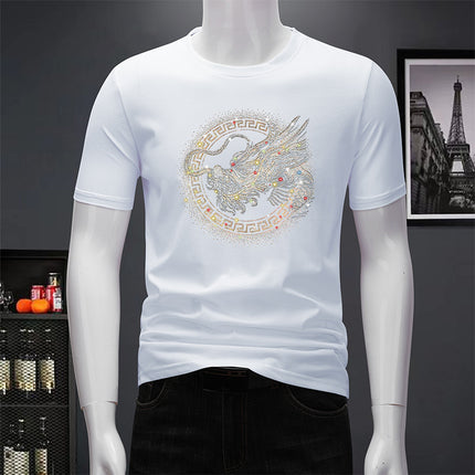 Ouzhanzhou Trendy Men's New Hot Drilling T-shirt Fashionable Slim-fit Large Size Light Luxury Men's Short-sleeved Summer Ice Silk Quick-drying