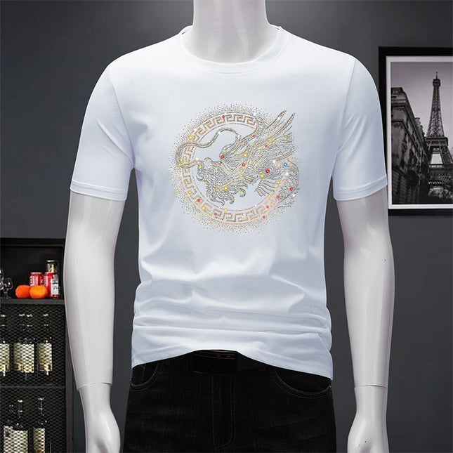 Ouzhanzhou Trendy Men's New Hot Drilling T-shirt Fashionable Slim-fit Large Size Light Luxury Men's Short-sleeved Summer Ice Silk Quick-drying