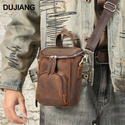 New Style Crazy Horse Leather Crossbody Bag, Retro Men's Shoulder Bucket Bag, Casual Commuting Mobile Phone Bag, Leather Bag, Cross-Border Foreign Trade