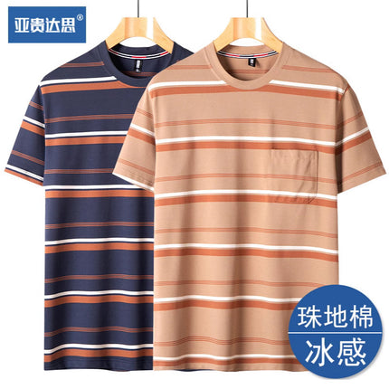 Dad summer striped short sleeve T-shirt new middle-aged men's round neck pocket loose middle-aged plus size top