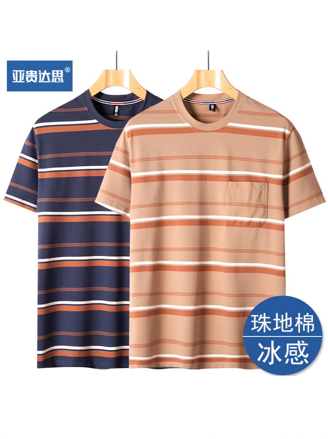 Dad summer striped short sleeve T-shirt new middle-aged men's round neck pocket loose middle-aged plus size top