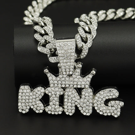 European and American INS TikTok Hip-Hop Alloy Necklace with Diamond Exaggerated Big Button Pendant Crown KING Letter Fashion Accessories