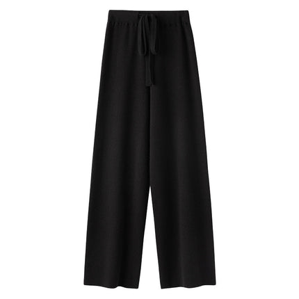 100% wool wide-leg pants women's autumn and winter outer wear lengthened straight pants draping casual striped knitted mop pants