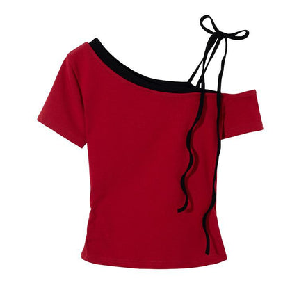 In-Stock Red Spicy Girl Off-Shoulder Short-Sleeve T-Shirt for Women, Summer Slim-Fit Design with Straps, Off-Shoulder Crop Top