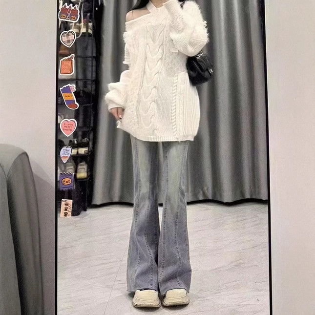 Light-Colored Flared Jeans for Pear-Shaped Women, Spring Plus-Size High-Waisted Slimming Raw Hem Bell-Bottom Pants