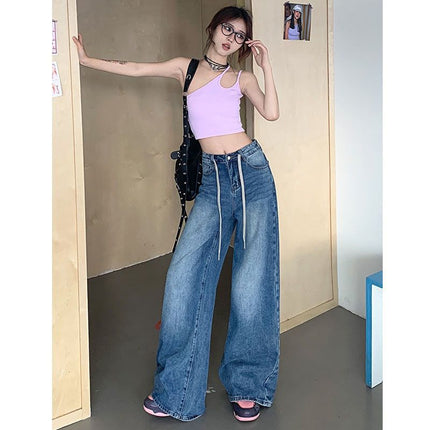 Drawstring Design Jeans Retro Distressed Women's Tall 2025 Loose Slimming Wide-Leg Pants Drape Floor-Length Pants