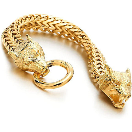 European and American Popular Stainless Steel Retro Stylish Viking Wolf Head Bracelet Wolf Head Franco Link Chain Bracelet for Men