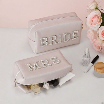 Cross-Border Exclusive Pearl Letter Cosmetic Bag Bridal Wedding Mrs/Bride Makeup Storage Bag Amazon Bestseller