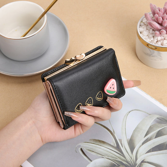 2024 New European and American Cute Folding Women's Korean Style Wallet PU Cartoon Mini Clip Coin Purse
