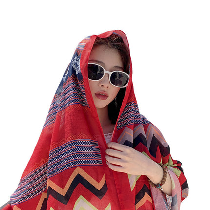 Retro Ethnic Style Travel Silk Scarf Summer Seaside Sunscreen Beach Towel Lightweight Cotton and Linen Handfeel Decorative Shawl Women