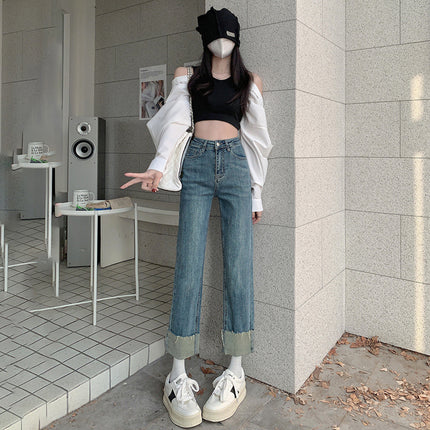 High waist fleece-lined retro curling jeans for women 2023 autumn and winter new small slim straight pipe pants