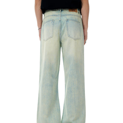 11Kn American Clear Water Blue Jeans for Men and Women Straight-Leg Distressed Retro Light-Colored Stereo Slim Casual Loose Pants