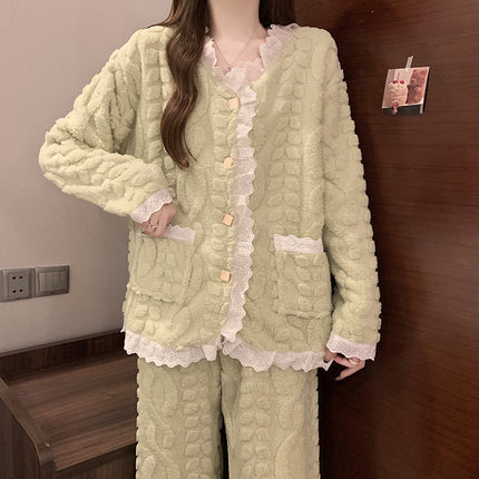 Pajamas for Women Winter New Style Coral Velvet Fleece-Lined Thickeneded Student Warm Lace Princess Style Home Wear Set