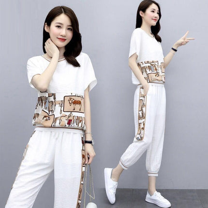 Casual Sports Suit for Women 2025 Summer New Loose Age-Reducing Fashionable Slim Casual Leggings Suit Pants Trendy
