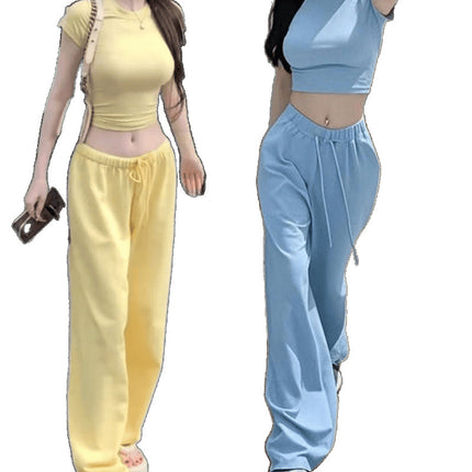 Hot Girl Hits the Street Casual Sports Yellow Suit Women's Summer 2025 New Short-Sleeved Shirt Wide-Leg Pants Two-Piece Set