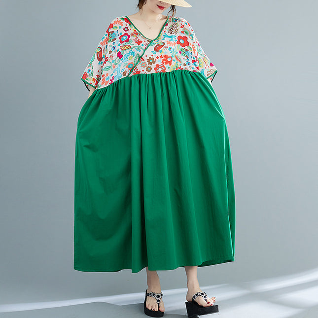 Plus-Size Patchwork Long Dress with Vintage V-Neck, Large Size, 2023 Summer New Style, Loose Fit, Tummy-Covering, Knee-Length Dress with Color Blocking