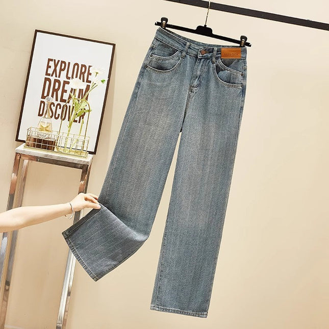 plus size Retro Straight Leg Jeans Women's Trendy All-match Bamboo Pattern Design High Waist Loose Slimming Wide Leg Pants
