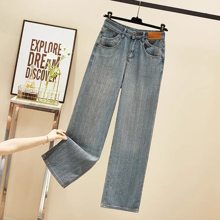 plus size Retro Straight Leg Jeans Women's Trendy All-match Bamboo Pattern Design High Waist Loose Slimming Wide Leg Pants