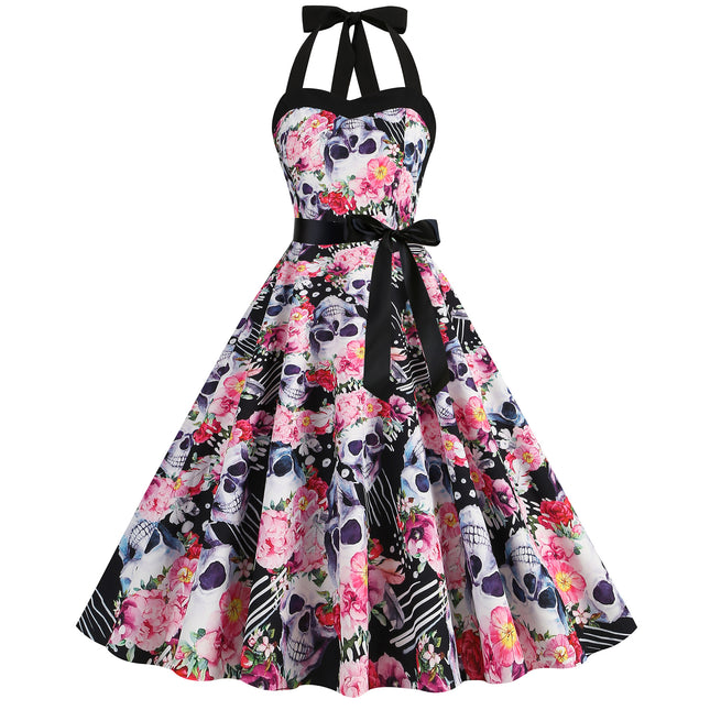 Factory direct supply 2024 Halloween new Hepburn style high waist slim hanging neck large swing long retro dress